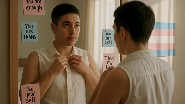 Facing softly lit mirror, they pin flag sticker and meet their trans journey with calm pride. Gentle eyes track progress as trans journey blooms and trans journey promises authenticity. 