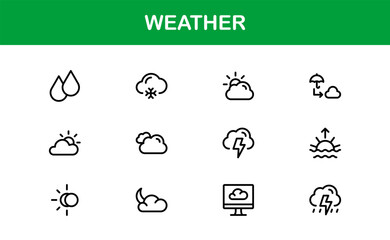 Premium weather icons collection including minimal line art for sun, cloud, rain, snow, and storm concepts