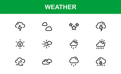 Premium weather icons collection including minimal line art for sun, cloud, rain, snow, and storm concepts