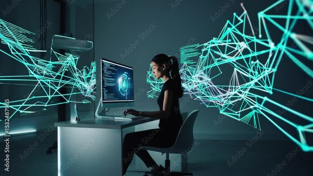 Poster Futuristic developer workspace with holographic interface, woman coding computer, digital data visualization, glowing lines