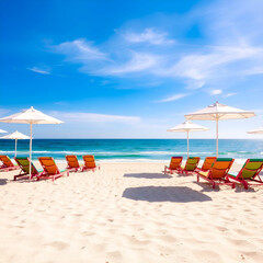 Fototapeta premium beach vacation banner, website banner with sunny beach scene, foreground featuring a bright towel, flip-flops, and wide-brim hat, with a blurred sea backdrop ample space for website text on the