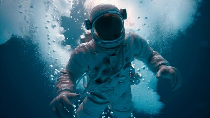 An astronaut in a white space suit swims underwater. Bubbles surround the figure, creating a surreal atmosphere. Light filters through the water above. - Powered by Adobe