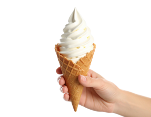 vanilla soft serve ice cream in waffle cone held by hand black background