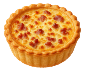 Savory quiche Lorraine with a golden crust, filled with melted cheese and bacon pieces.