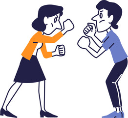 Cartoon style man and woman in conflict, preparing to fight.