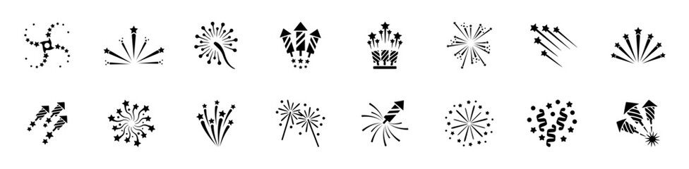 Fireworks icon collection. Set of firework, firecracker, Fireworks Explosion Icon Set in Black, Featuring Various Starburst and Spark Patterns, Vector Illustration