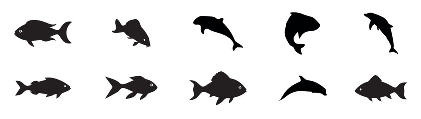  Fish silhouettes black white vector. Fish icon and silhouette, flounder silhouette black white vector illustration.