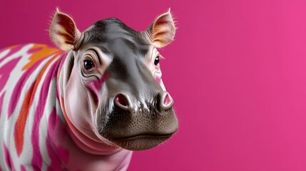 Baby hippo with pink and orange stripes painted on its face and neck stands in front of a pink background. The stripes are arranged in a zigzag pattern, giving the hippo a playful