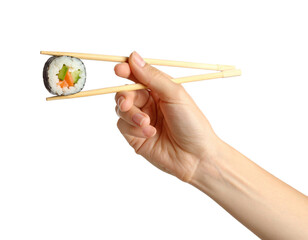 sushi roll held with chopsticks in hand isolated on transparent background