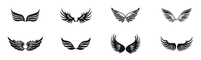 Black wings icon set. Bird wings, angel wings, and feather silhouettes for logo design or art. Stylish set isolated on white background. High quality flat, Set of black wings vector illustration.