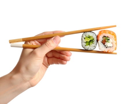 sushi roll held with chopsticks in hand isolated on transparent background