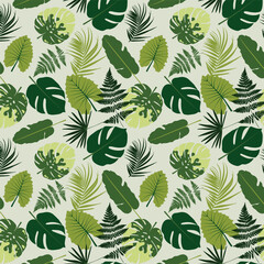 Naklejka premium the seamless tropical pattern contains fern leaves and various places including monsters and palm leaf 