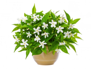 Blooming Star Jasmine A Pot of White Flowers and Green Leaves on White Backdrop