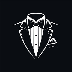 Sophisticated white tuxedo silhouette logo featuring crisp bow tie and pocket square on luxurious black background