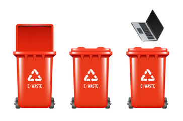 Recycling Bins for electronic waste. Container for electronic waste. Red trash can. Vector illustration isolated on white background.