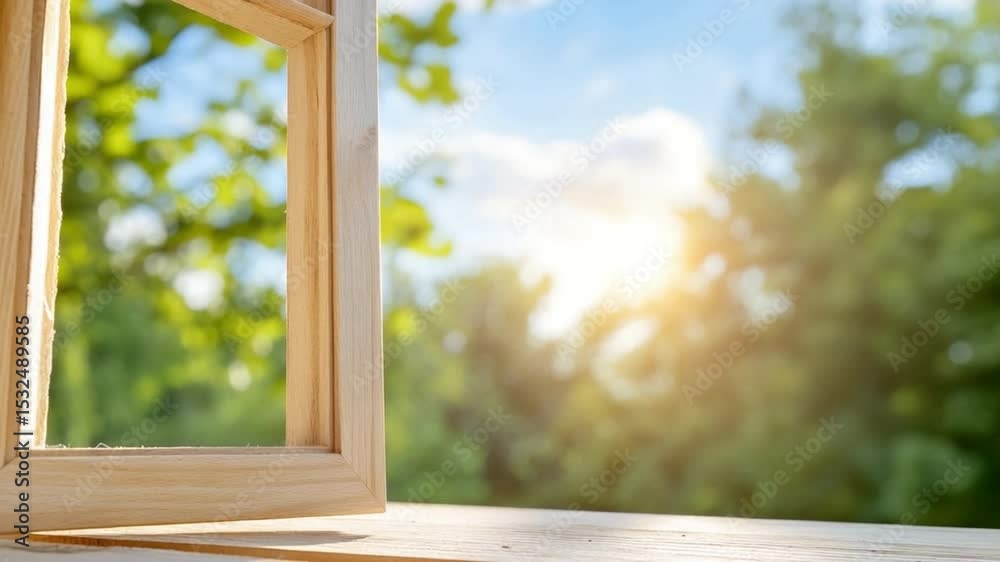 Poster window to the world: a captivating glimpse of nature framed by an open window, inviting the warmth o