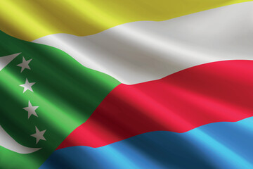 Comoros flag waving in the wind, detailed silk texture