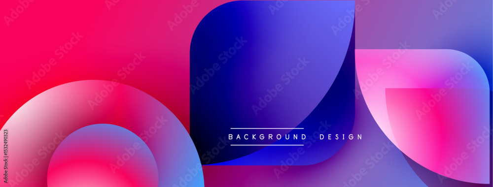 Poster abstract vibrant shapes overlap. pink, blue, purple hues create dynamic visual effect. modern design