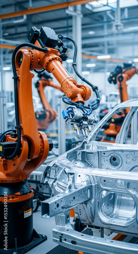 Poster orange robotic arm assembling silver car body in factory, showcasing automation in automotive indust