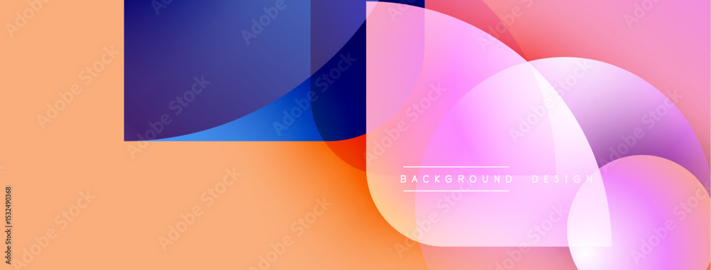 Poster abstract shapes overlap, creating vibrant color gradients. peach, purple, pink hues dominate composi