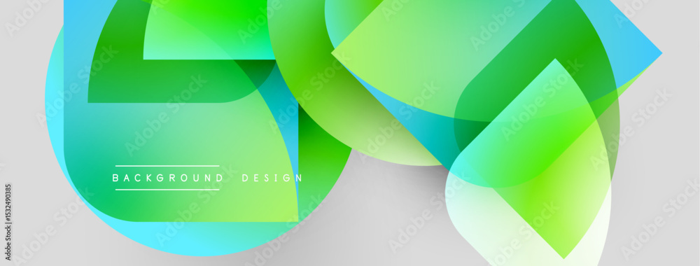 Poster Abstract geometric shapes overlap, creating vibrant green, blue gradients. Background features text background design. Modern, dynamic visual composition.