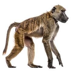 Fototapeta premium Olive baboon exhibiting its quadrupedal movement capabilities on transparent background