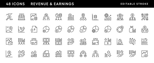 Financial and revenue icon collection. Earnings, business growth, finance, economy, statistics, summary, growing, pie, chart and more. Editable stroke. Pixel Perfect. Grid base 32 x 32.
