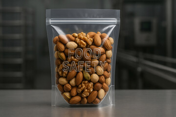 Assorted nuts in a transparent plastic package labeled with FOOD SAFETY standing in a food processing facility ensuring packaging integrity and contamination control protocol