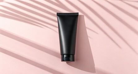 Matte Black Cosmetic Tube on Pink Background Stylish Skincare Packaging Mockup with Palm Shadows for Modern Beauty Product Display