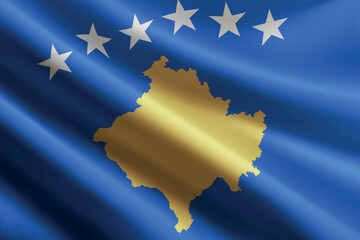 Kosovo flag waving in the wind, detailed silk texture