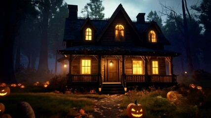 Illuminated Halloween pumpkins lining the pathway to a vintage house with warm lights glowing from the windows in a dark misty forest - Powered by Adobe