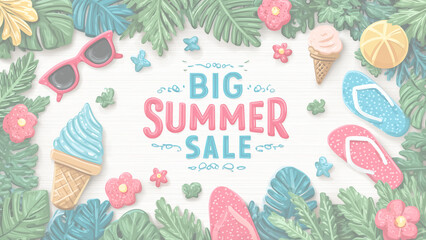夏のトロピカルアイテムと「BIG SUMMER SALE」の手書き風イラストバナー