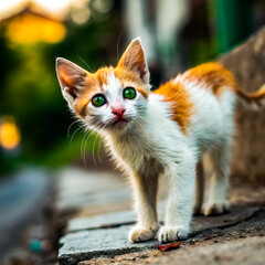 Fototapeta premium Cute kitten in the green garden, on a wall, or a wooden table, with bright eyes and fluffy fur, a portrait of a young domestic tabby cat outdoors