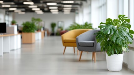 Large open office space with a white plant in a white pot and two chairs. The chairs are yellow and gray
