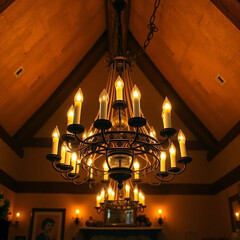 Fototapeta premium Warmly Lit Rustic Room with Candle Chandelier