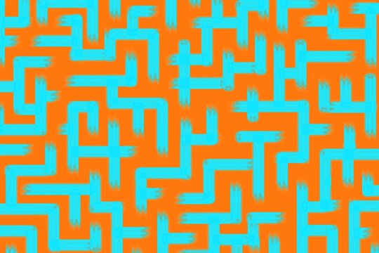 Geometric maze colorful seamless pattern. Brush drawn orange and blue scribbles. Abstract maze geometric vector background. Irregular labyrinth pattern in bright colors. Hand drawn intricate banner