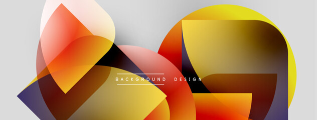 Abstract geometric shapes overlap, creating vibrant color gradients. Modern design with smooth transitions, ideal for backgrounds.