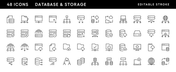 Database icon collection. Storage icon set. Storage, cloud, computing, web server, hosting, data center and more. Editable stroke. Pixel Perfect. Grid base 32 x 32.