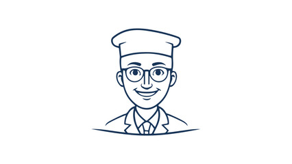 simple illustration of a person in baker hat and suit in glasses smiling line art