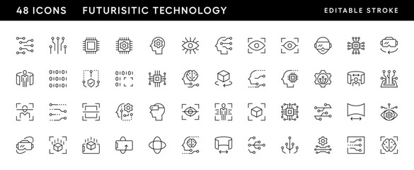 Futuristic technology icon set. Information technology, automated system, robotic, electronic, chipset, simulation, microchip and more. Editable stroke. Pixel Perfect. Grid base 32 x 32.