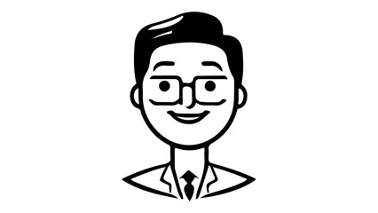 simple young businessman in glasses smiling vector line art illustration, simple guy in suit and glasses smiling icon