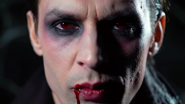 pale-skinned man with vampire makeup, glowing red eyes, subtle fangs showing, dramatic side lighting, blood drip at corner of mouth, dark background