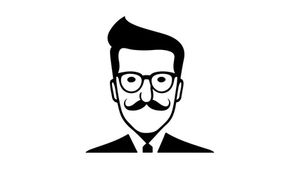 simple sign of a person in suit and a stylish mustache also in glasses, black and white shape of a person with mustache and glasses and in suit profile picture icon
