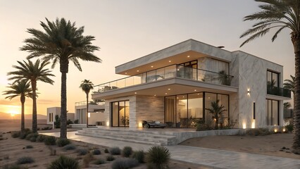 Modern luxury villa architecture design with palm trees and sunset in desert landscape and elegant home exterior