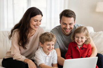 joyful family using a computer sitting on sofa in the living room concept alegre familia utilizando un ordenador sentado en el sofá en el concepto de sala de estar famille joyeuse utilisant ordinateur
