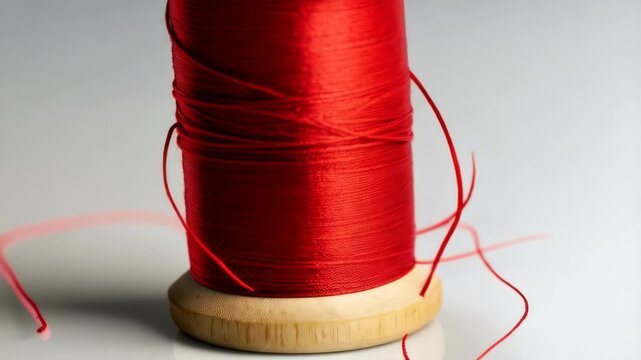 A single spool of bright red thread sits on a white surface, ready for sewing or crafting, creating a vibrant and eye-catching visual.
