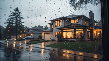 Rainy day house window view drops home residential neighborhood street wet weather cozy scene reflection