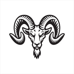 Goat head mascot vector logo. Stylized ram or ibex illustration with horns, black and white graphic design for emblem, tattoo, or sport team symbol