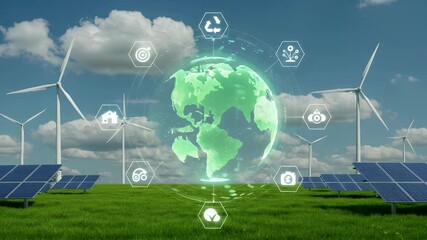 Clean energy wind turbines, solar panels, globe with digital icons on grassy field under a cloudy sky - Powered by Adobe