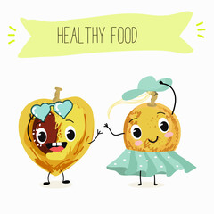 marula fruit cute funny cheerful characters. Vector hand drawn  illistration.